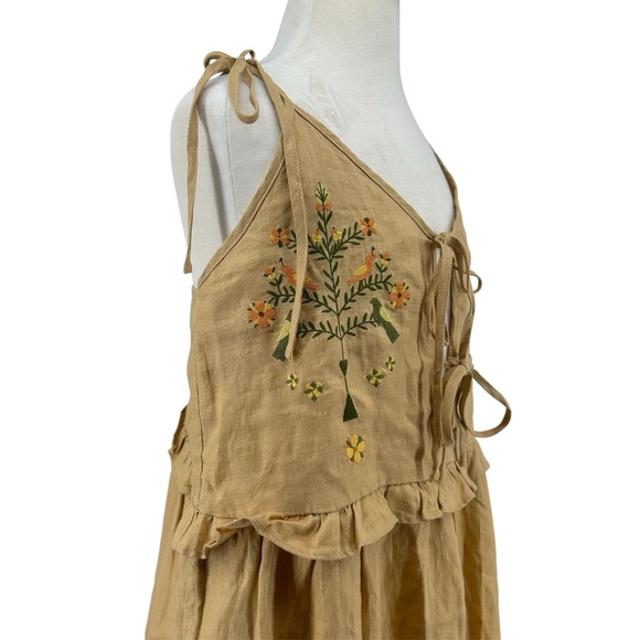 Meadows Tree, Bird, and Flower Embroidered Willow Linen Dress in Brown Size 2 - Picture 9 of 15